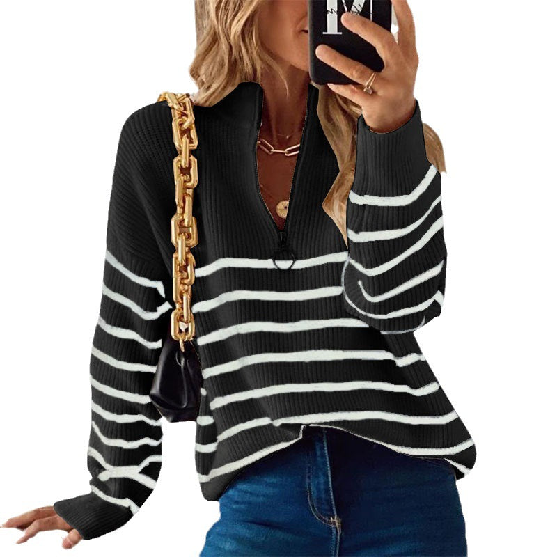 Women's Wear Long Sleeve Knitted Zipper Striped Sweaters