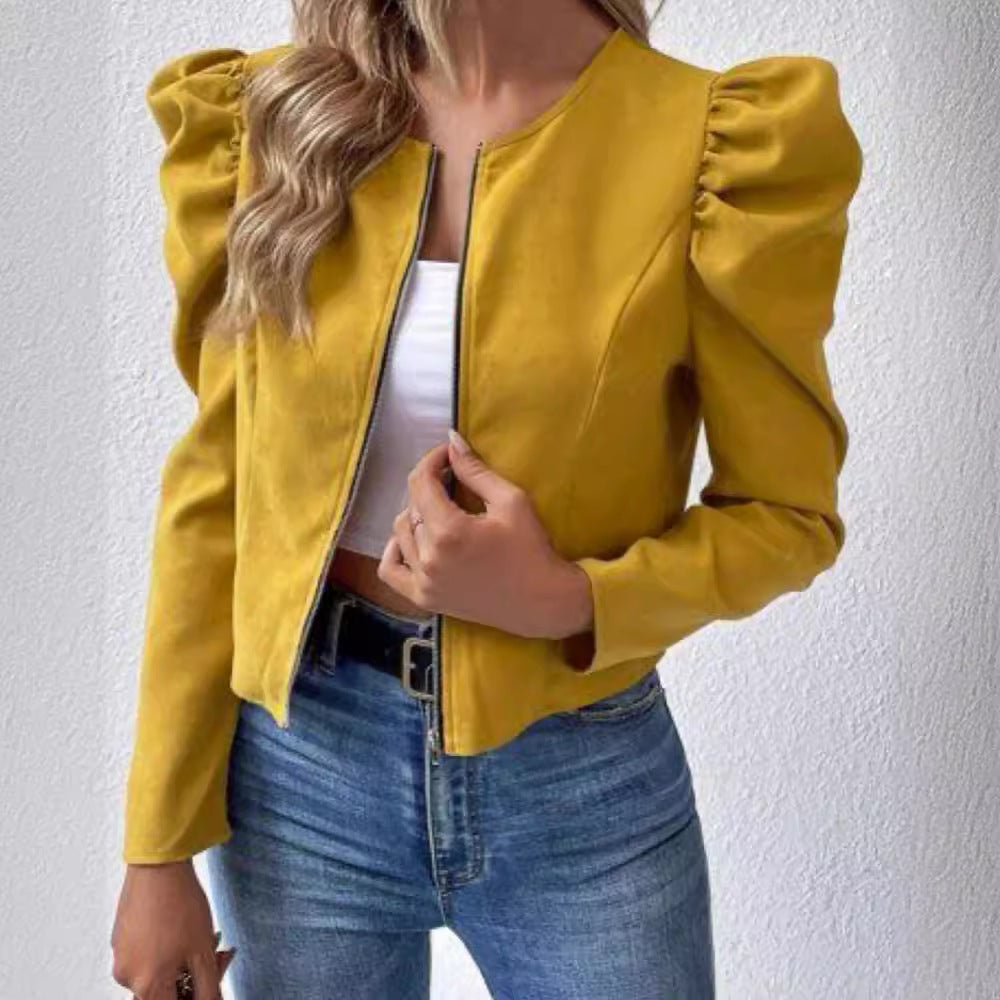 Women's Color Round Neck Zipper Bubble Long Jackets