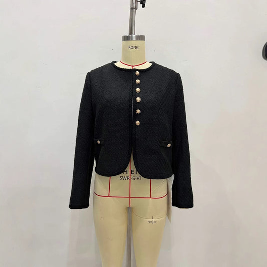 Women's Round Neck Long Sleeve Classic Style Tweed With Metal Blouses