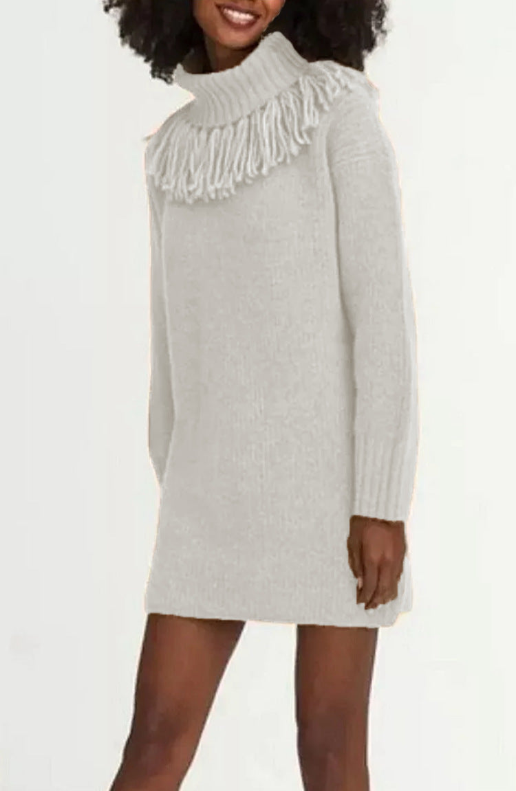 Knitted Tassel Bucket Turtleneck Dress Mid-length Women's Sweater
