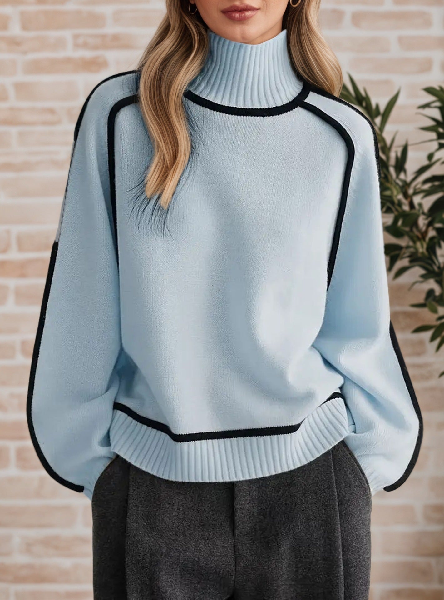 Women's Half Turtleneck With Shoulder Sleeve Elegant Line Thread Sweaters