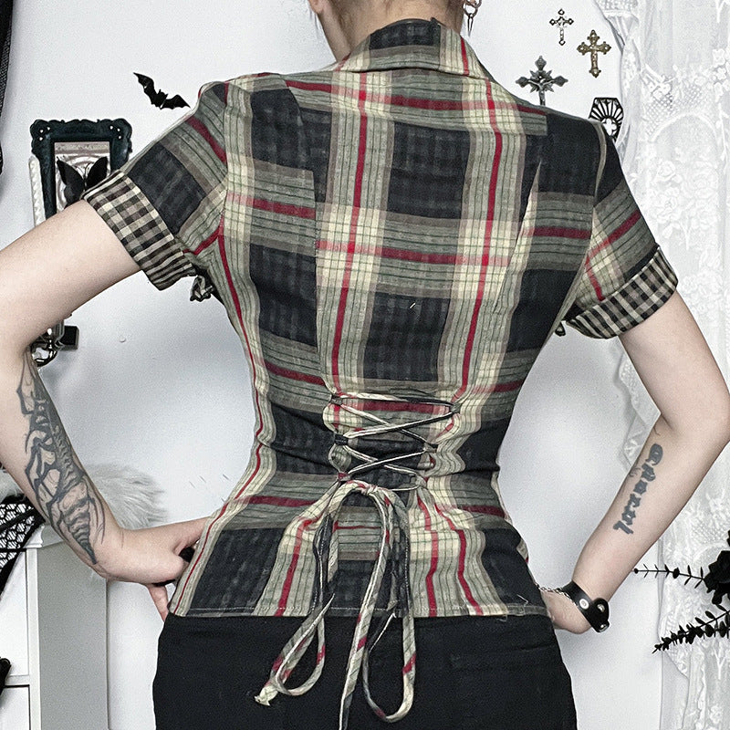 Women's Dark Plaid Shirt Pure Desire Style Blouses