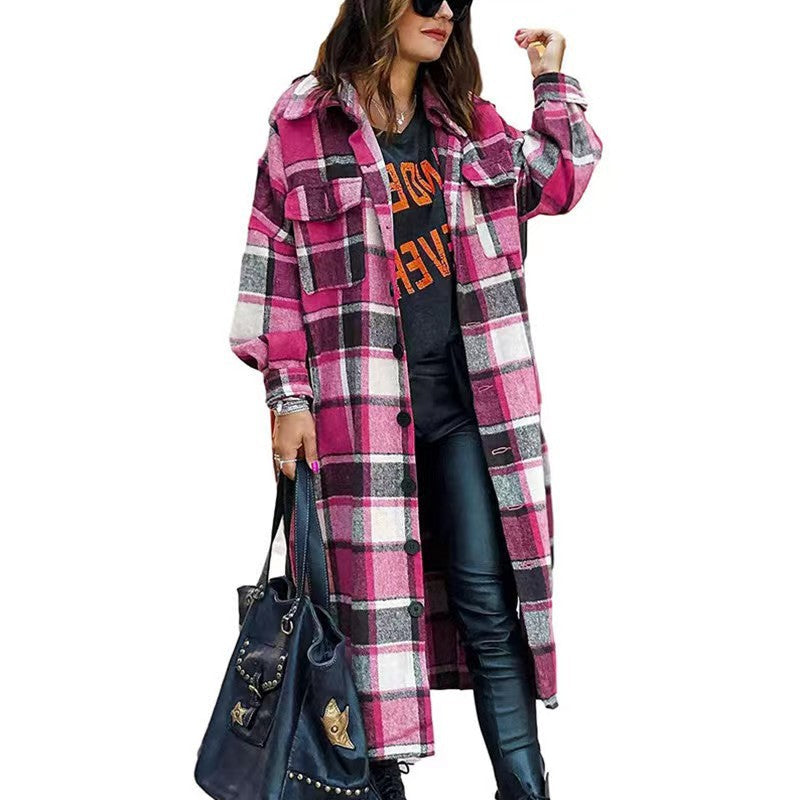 Women's Long Sleeve Loose Button Plaid Shirt Coats