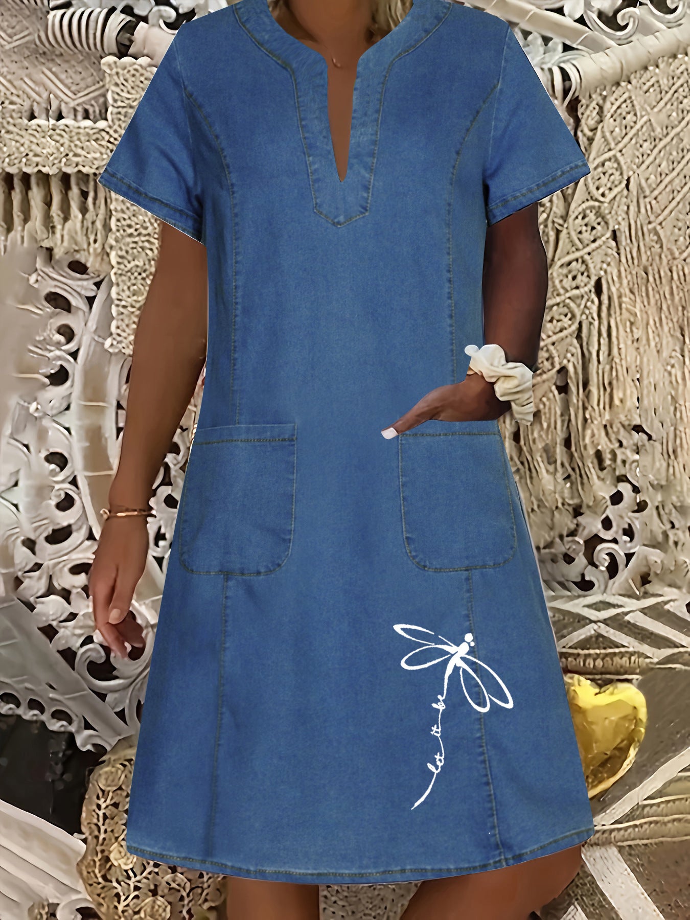 Women's Denim Dress Dark Blue Thin Pocket Dresses