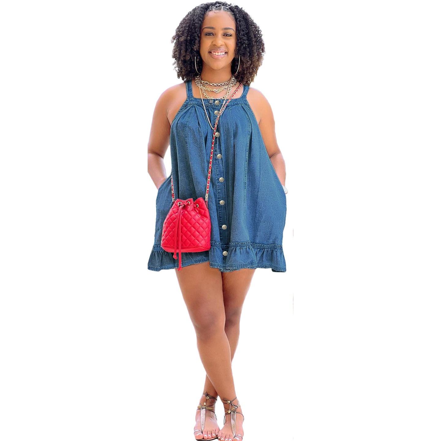 Women's Color Suspender Button Pocket Loose Washed-out Dresses