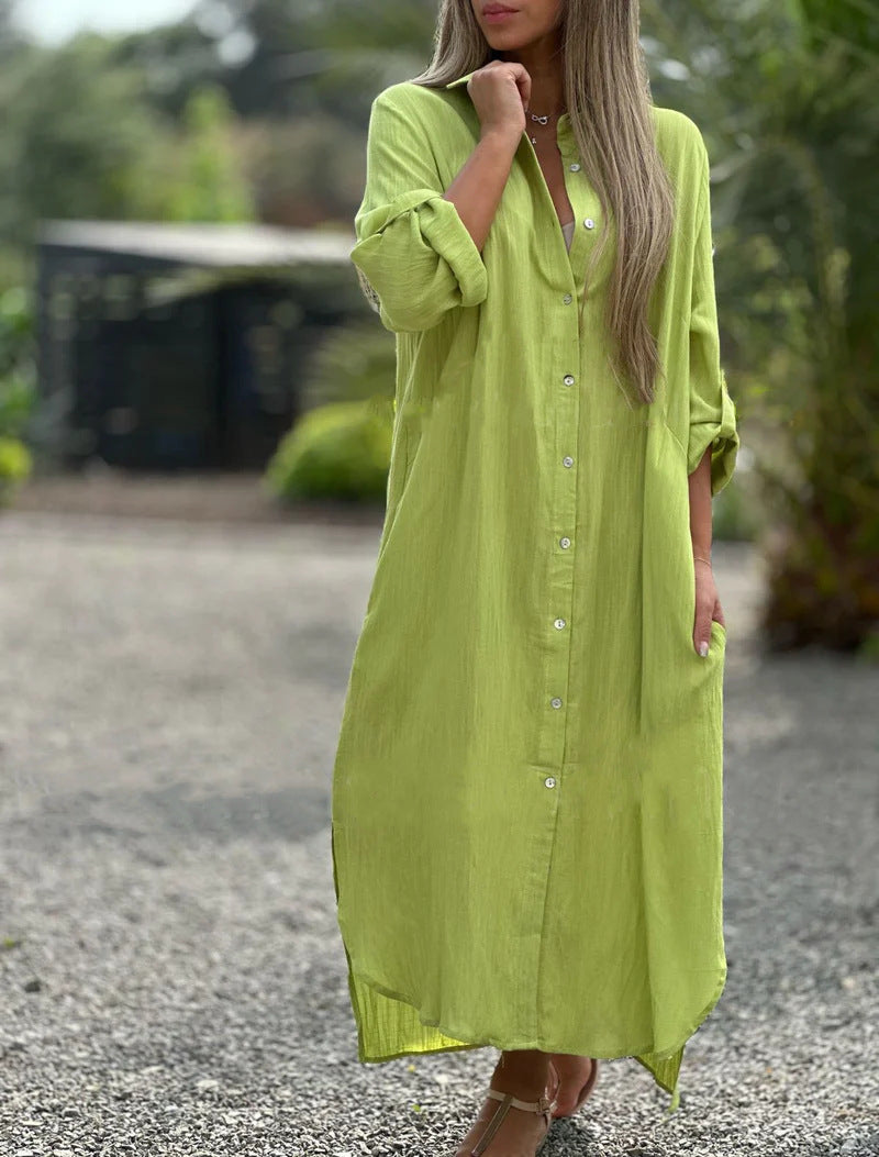 Women's Dress Cotton Linen Shirtdress Fashion Casual Cardigans