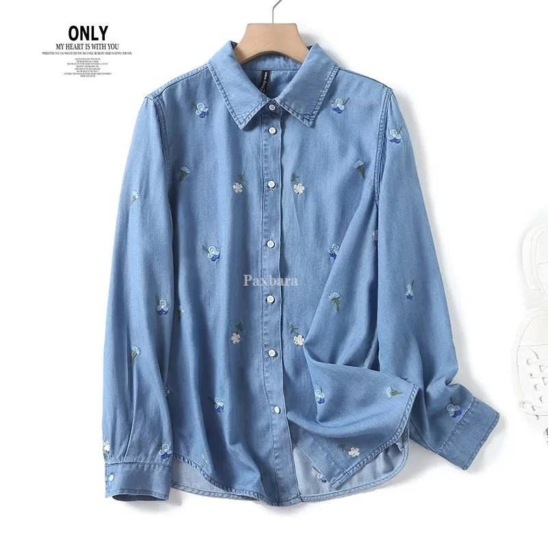 Women's Lapels Single-breasted Flower Embroidered Long Sleeve Blouses