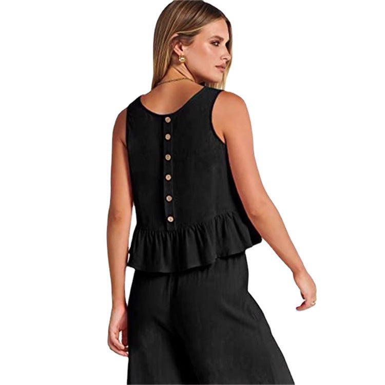 Women's Summer Sleeveless Pleated Wide Leg Cropped Suits