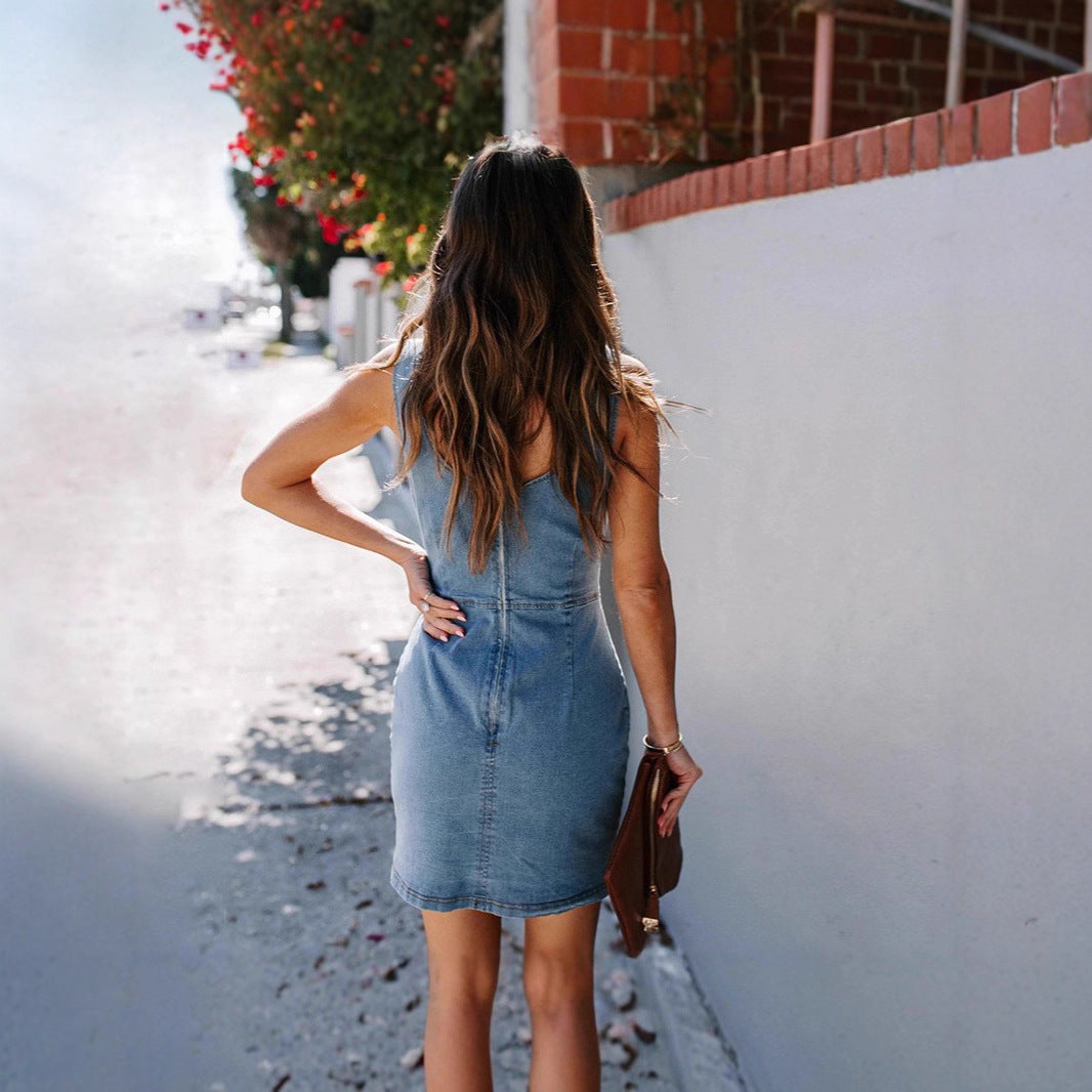 Women's Denim Round Neck Sleeveless Suspender Dress
