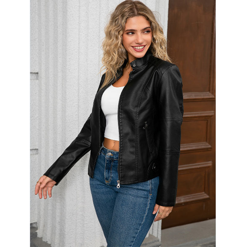 Women's European Leather Motorcycle Stand Collar Elegant Jackets