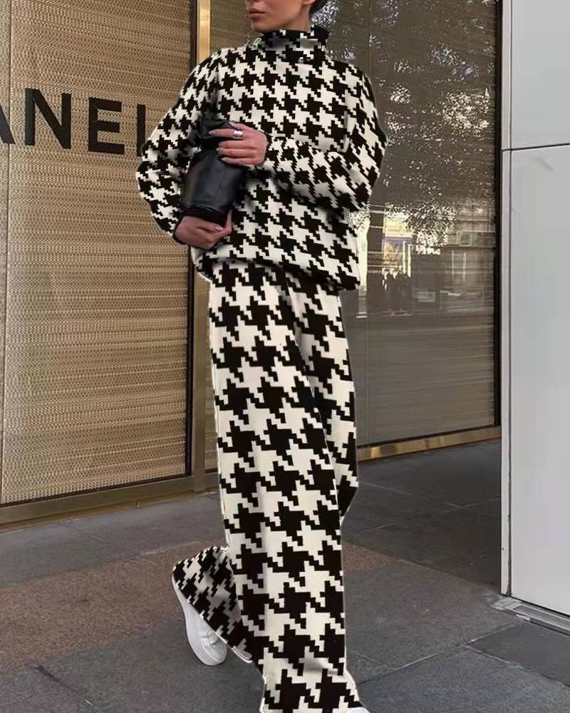 Women's Fashion Printed Loose High Collar Long-sleeved Suits
