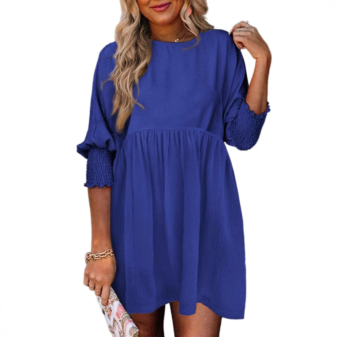 Women's Round Neck Girdle Cuff Pleating Casual Dresses