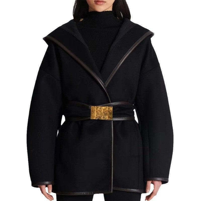 Hooded Belt Batwing Sleeve Mid-length Woolen Jackets