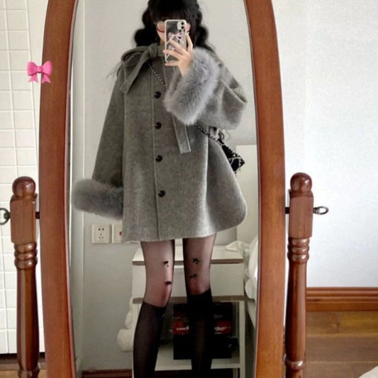 Women's Hepburn Style Gray Woolen Small Mid-length Coats