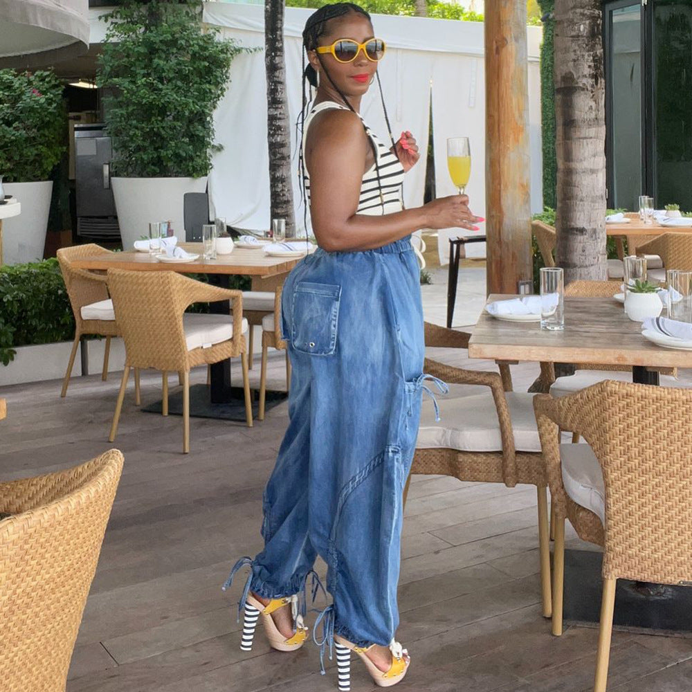 Women's Loose Street Casual Pleating Tied Elastic Jeans