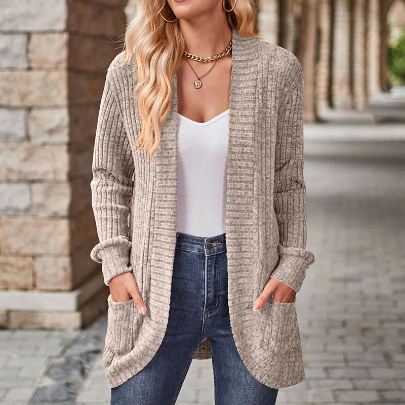 Sleeve Solid Color Rib Fabric Brushed Stitching Women's Sweater