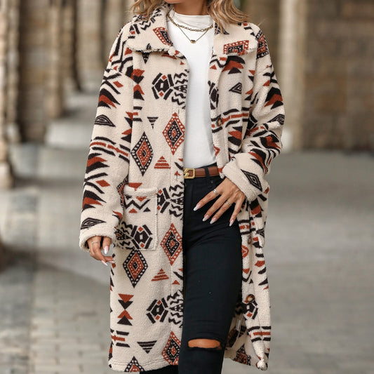 Women's Single-breasted Ethnic Print Plush Long Overcoat Coats