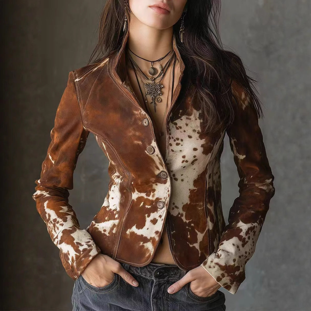 Women's Lapel Print Long-sleeved Single-breasted Personality Small Blazers