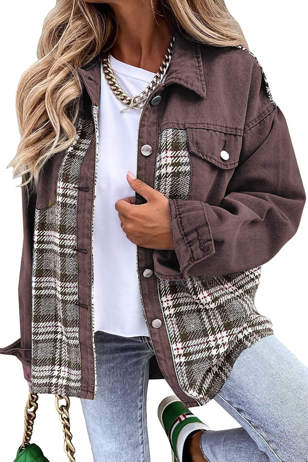 Denim Long Sleeve Plaid Button-down Shirt Jackets