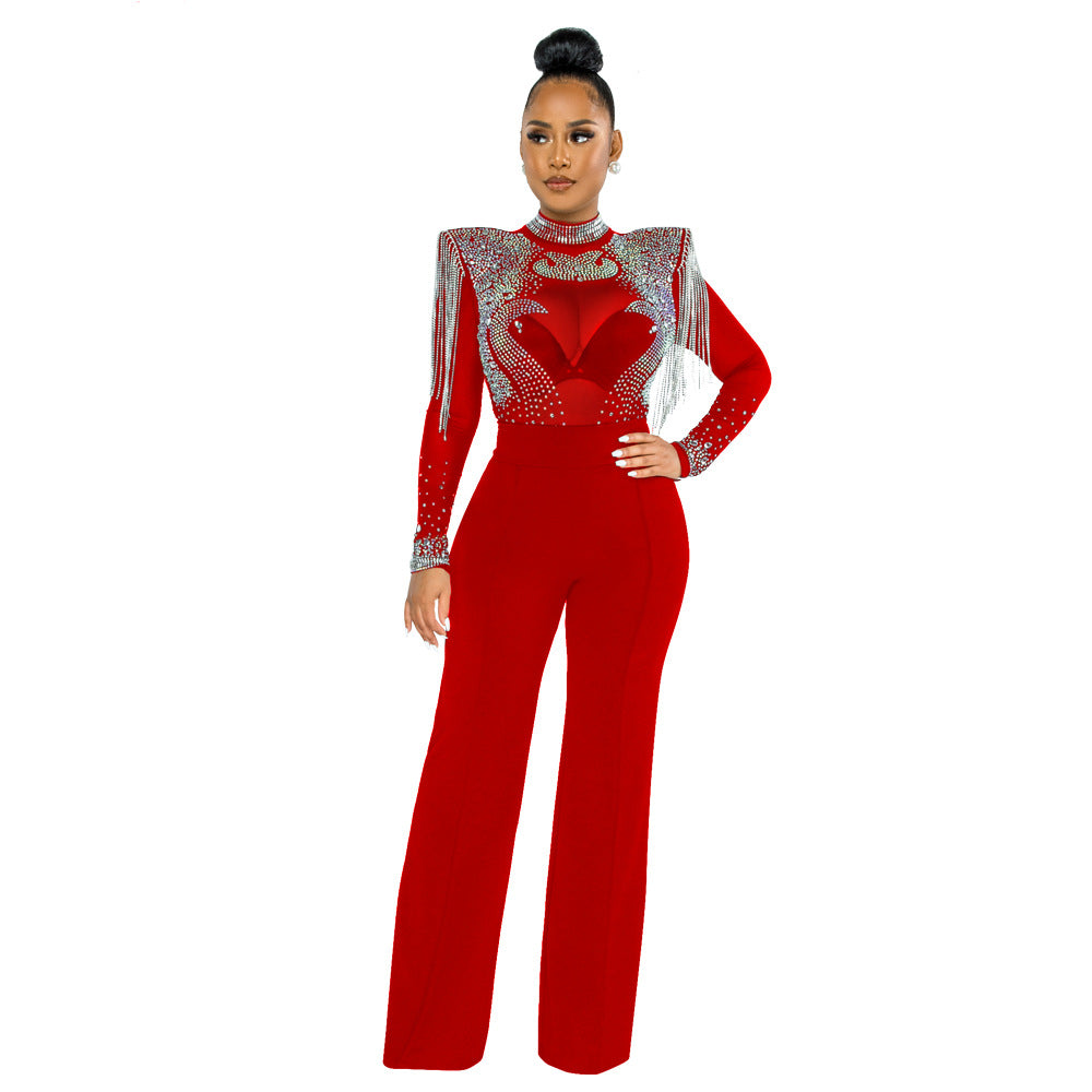 Women's Sexy Casual Turtleneck Hot Drilling Tassel Pants