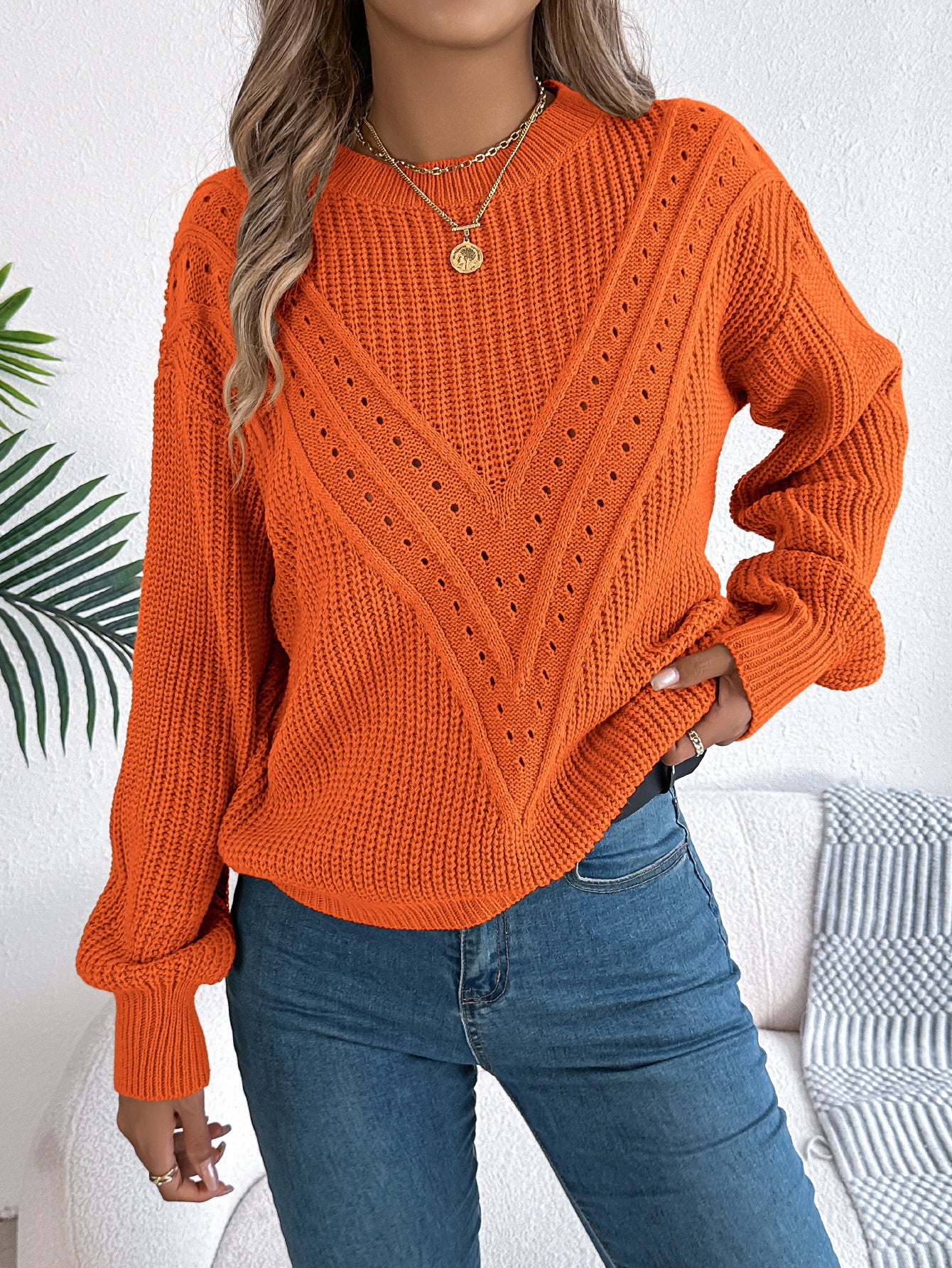 Women's Clearance Casual Solid Color V-shaped Lantern Sleeve Sweater