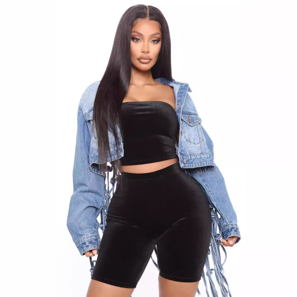 Classy Back Mesh Tassel Denim Female Jackets