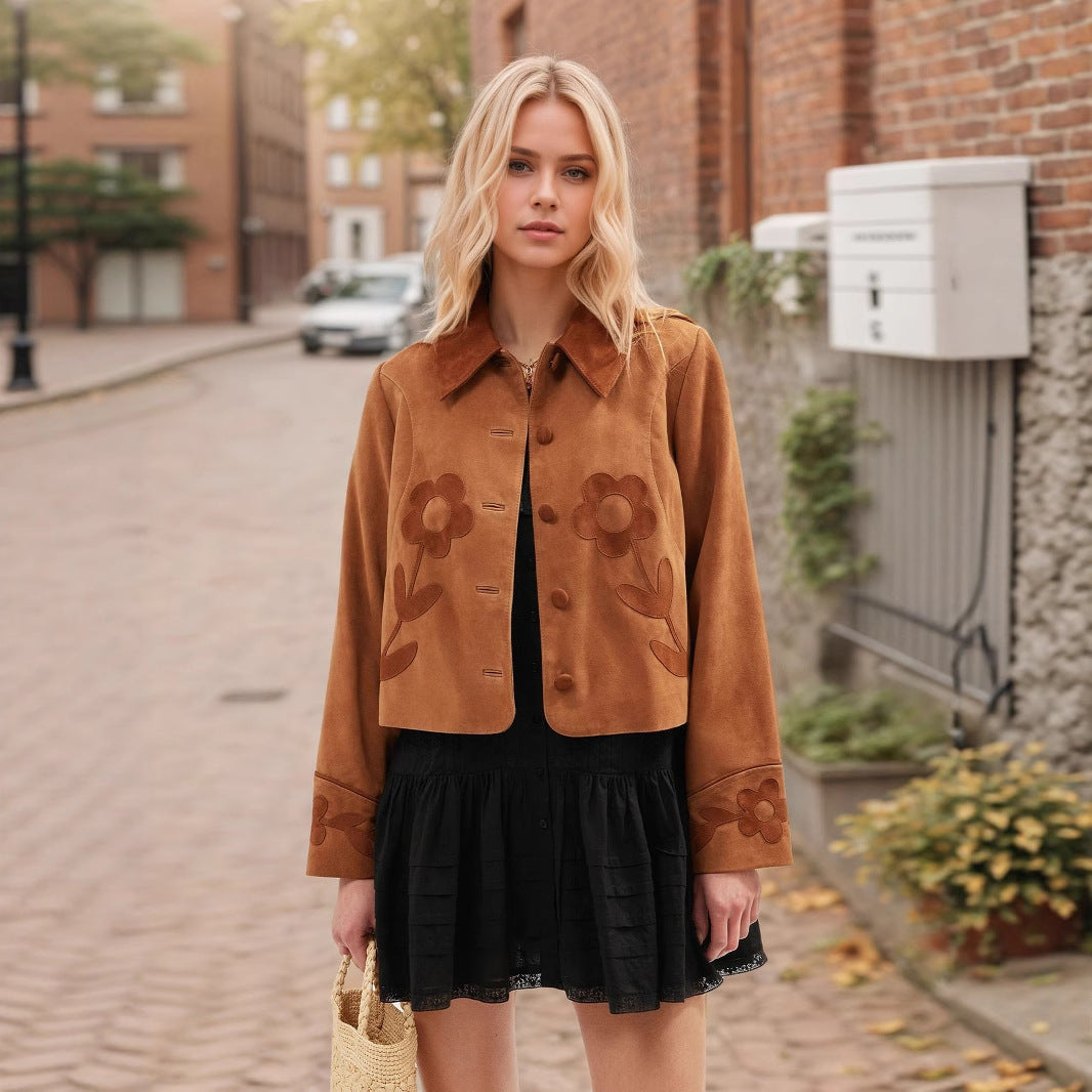 Retro Suede Flower Exquisite Decoration Embellished Lapel Coats