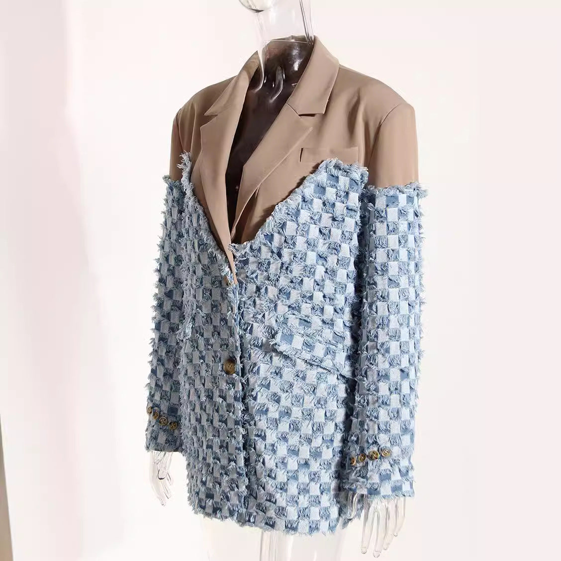 Contrast Patchwork Plaid Washed Worn Frayed Blazers