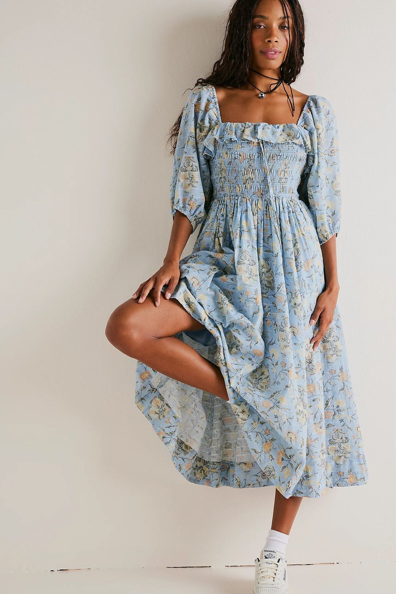 Autumn Exposed Back Ruffled Square Collar Printed Dresses