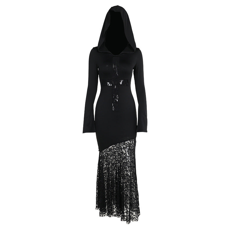 Hooded Hollow Out Stitching Long Sleeve Dresses
