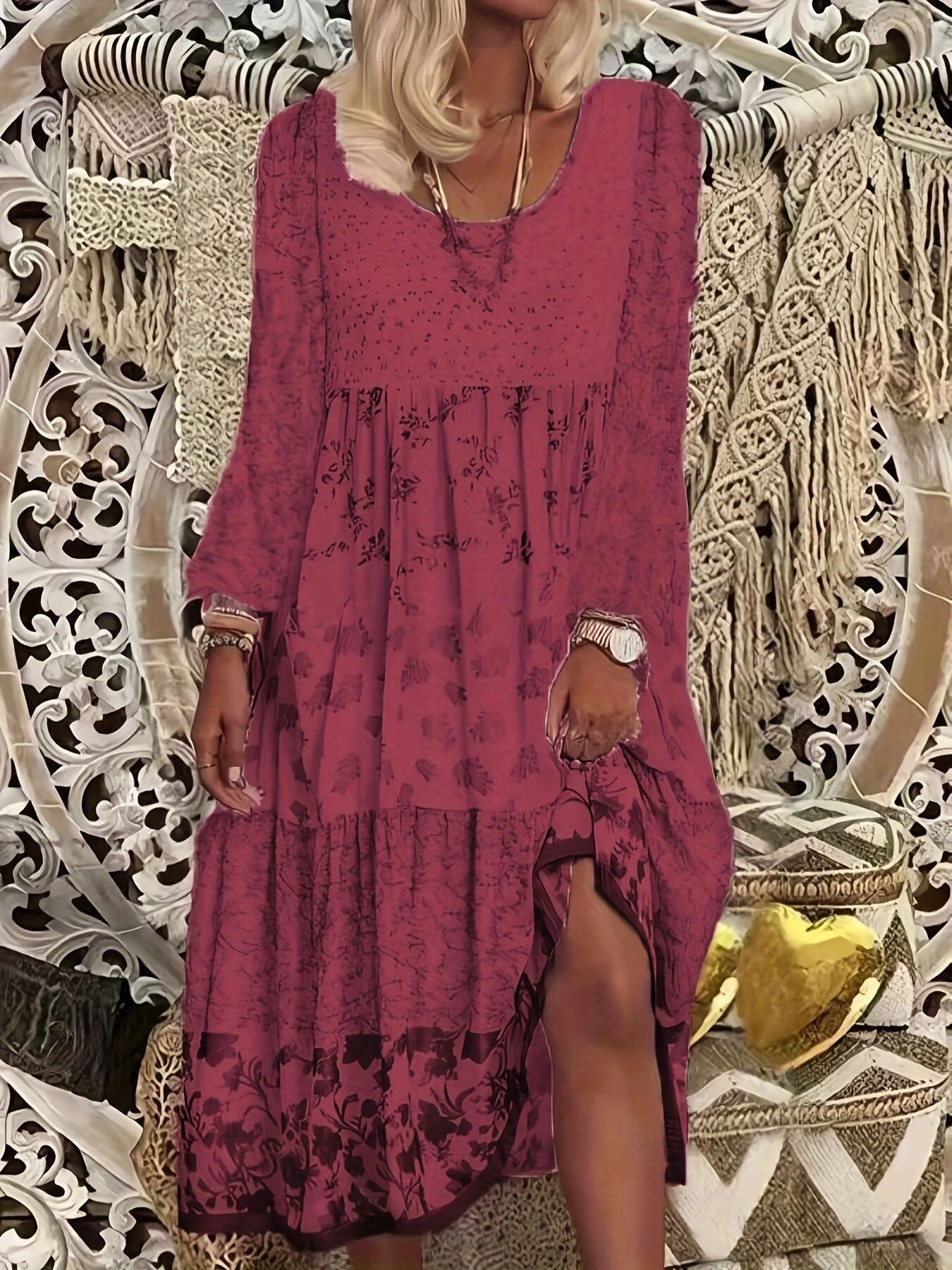 Casual Women's Long-sleeved Printed Round Neck Dress