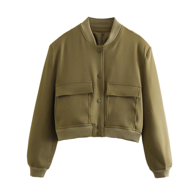 Women's Color Stand Collar Large Pocket Jackets
