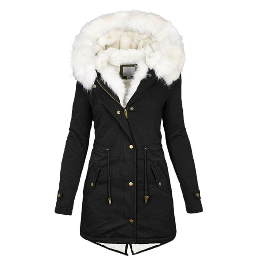 Women's Trench White Fur Collar Hood Warm Coats