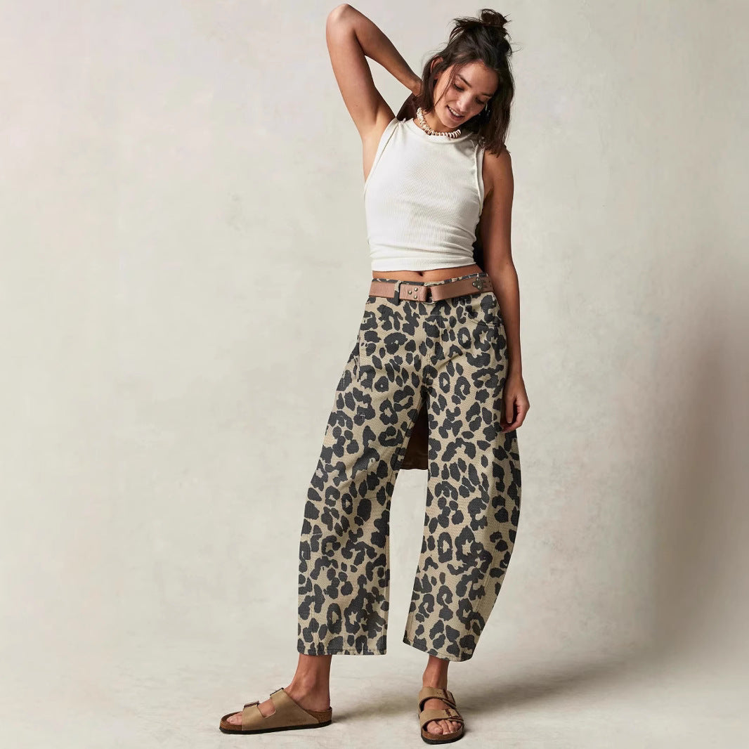 Women's Leopard Print Casual Loose Mid Waist Jeans