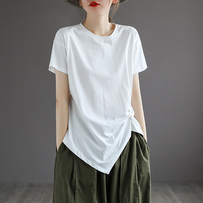 Women's Pleated Short-sleeved T-shirt Summer Artistic Retro Blouses