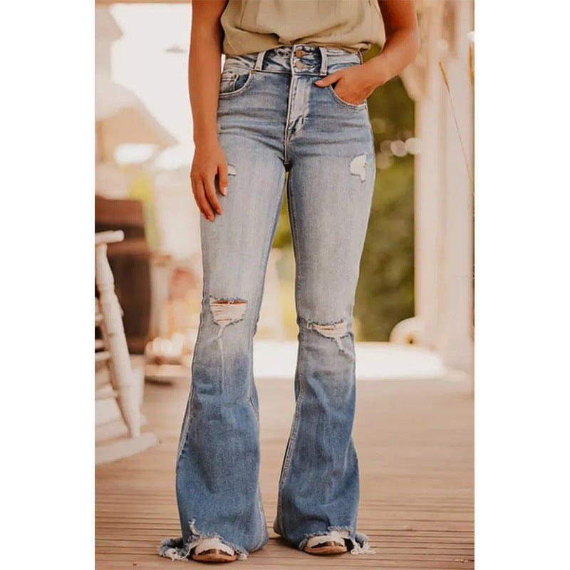 Women's Blue With Holes Flared Washed-out Vintage Jeans