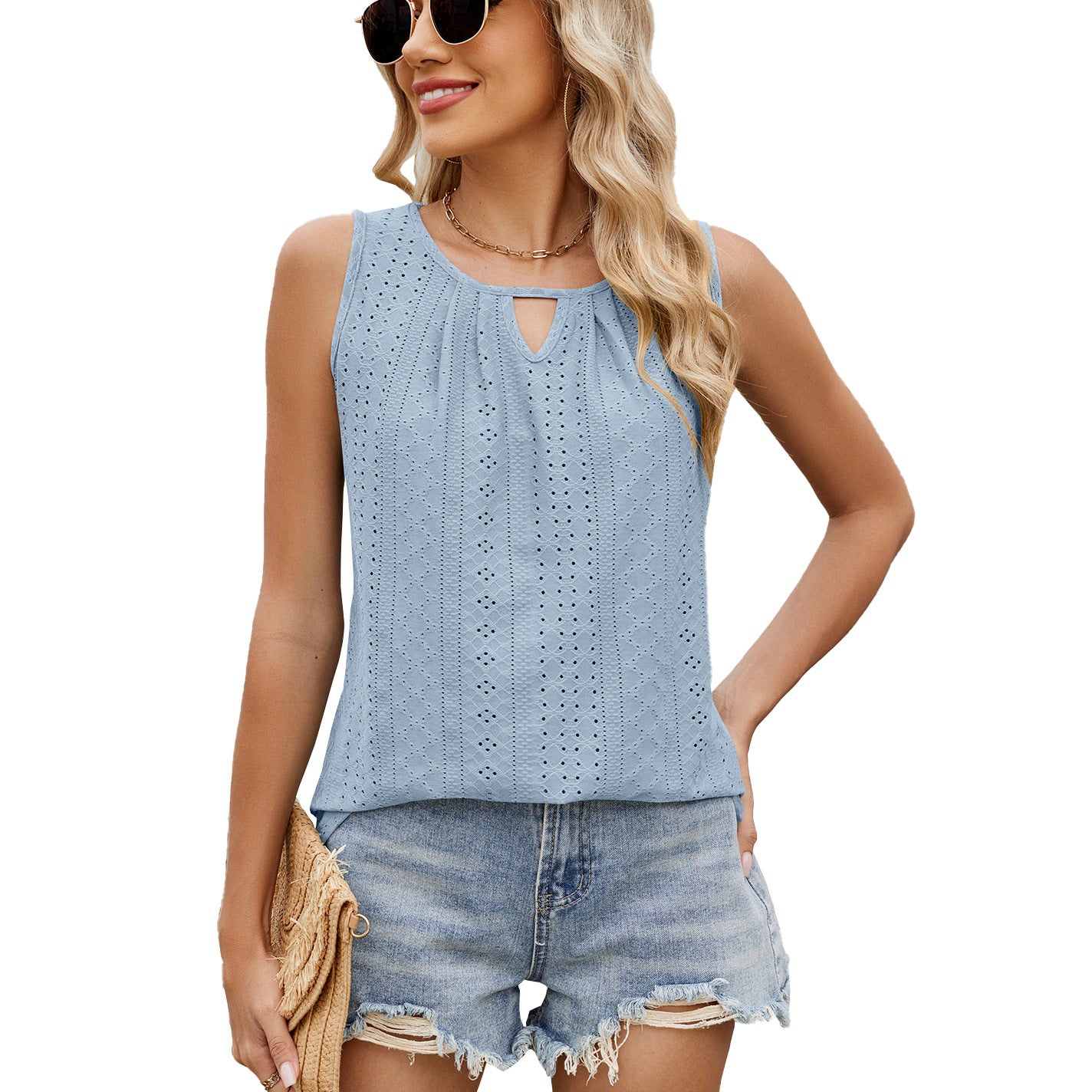 Women's Round Neck Pleated Tank Sleeveless T-shirt Blouses
