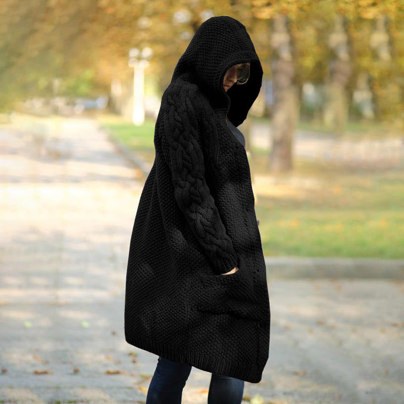 Women's Hooded Single-breasted Slim Street Hipster Long Knitwear