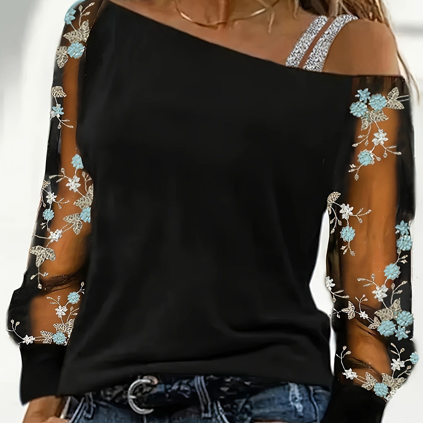 Diagonal Collar Gauzy Long Sleeve T-shirt Fashion Blouses