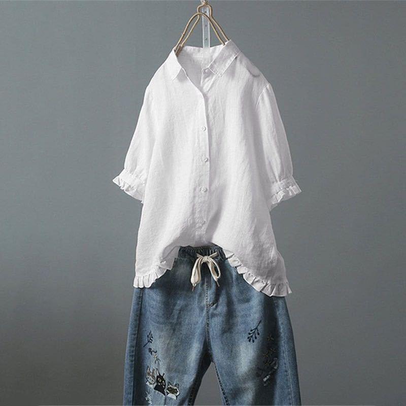 Women's Cotton Linen Casual Single-breasted Ruffled Sleeves Blouses
