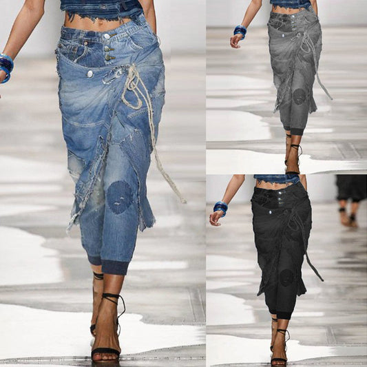 Women's Large Ripped Trendy Rib Ankle Banded Jeans
