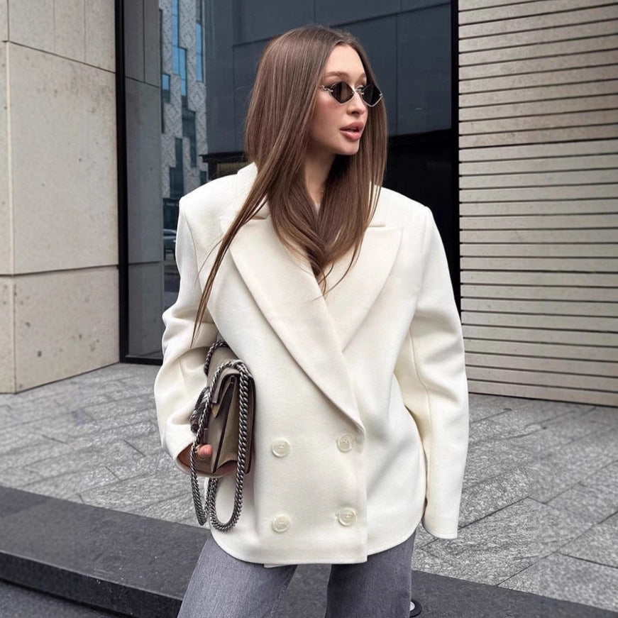 Women's French Retro Old Money Style Beige Woolen Winter Lapel Coats