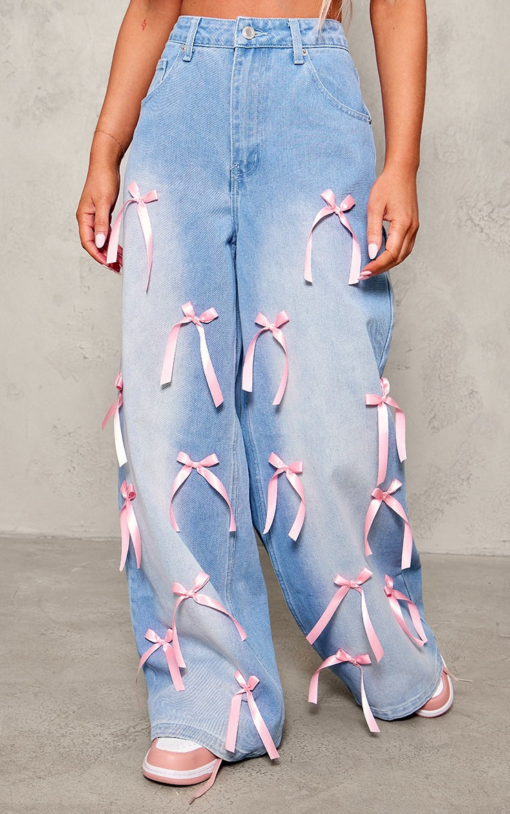 Women's Bow High Waist Wide Leg Street Jeans
