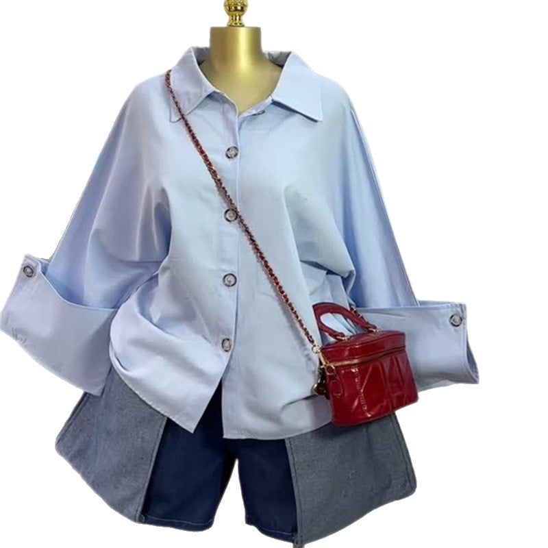 Women's Fashion High-grade Lapel Loose Blue Long Blouses