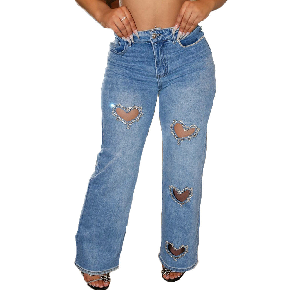 Women's Hollow Out Hot Rhinestone Washed Denim Jeans
