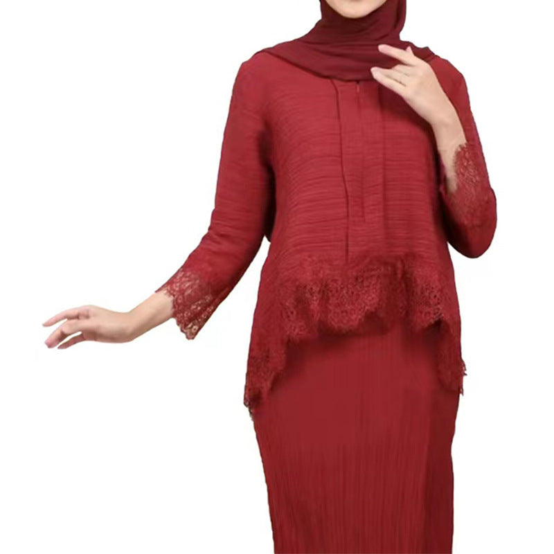 Temperament Dress Lace Sleeve Pleated Two-piece Dresses