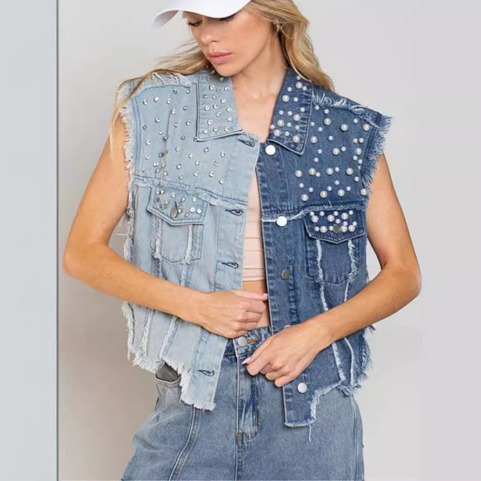 Women's Creative Denim Splicing Beads Loose Vests