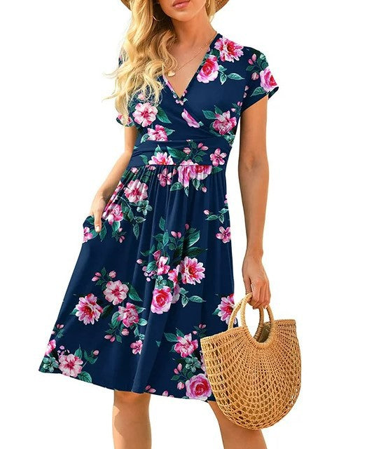 Women's Sleeve Printed Pocket Mid-length Dress Dresses