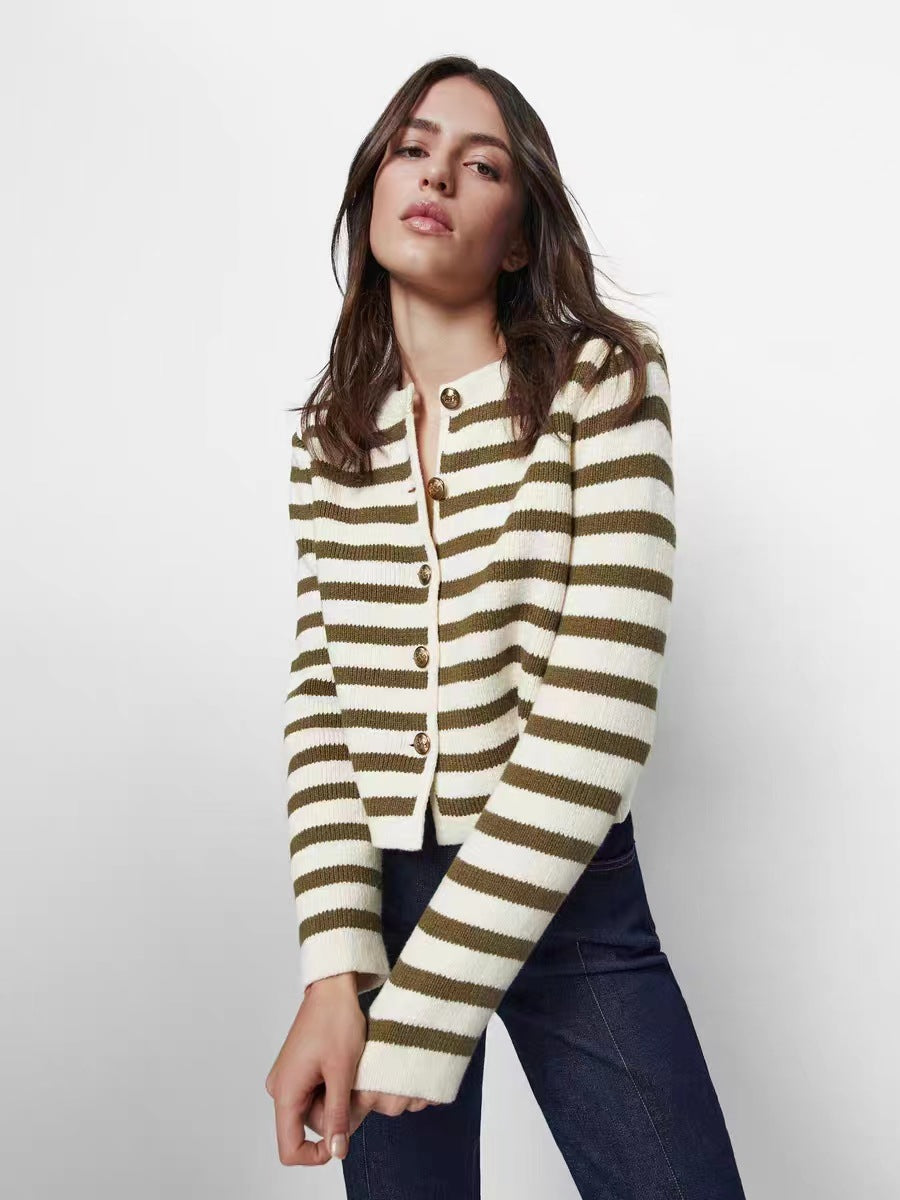 Autumn Elegant Buckle Striped Classic Style Knitwear