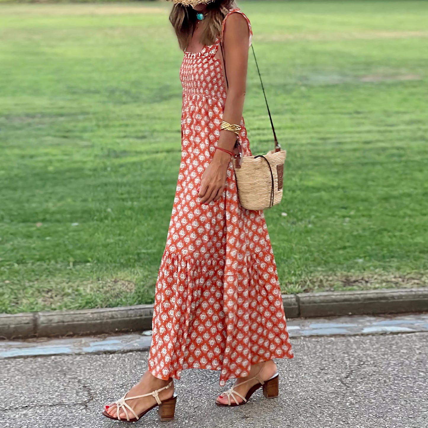 Women's Elegant Printed Elastic Suspender Vacation Style Dresses